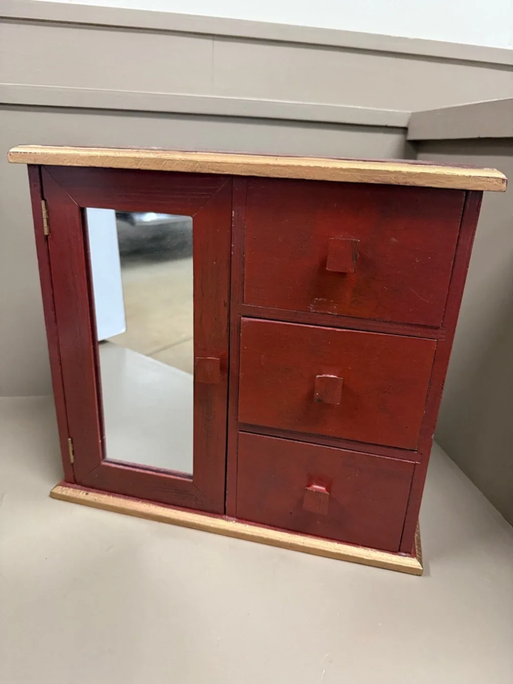 Reddish & Gold Wooden Jewelry Cabinet with Mirror & 3 Drawers. 12” x 13” x 5”